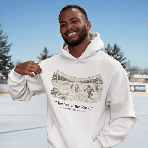 Meet You at the Rink Hoodie – cozy outdoor hockey sweatshirt inspired by backyard rink memories. Unisex fit. Multiple colors available.
