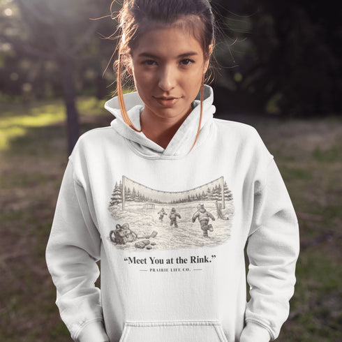 Meet You at the Rink Hoodie – cozy outdoor hockey sweatshirt inspired by backyard rink memories. Unisex fit. Multiple colors available.