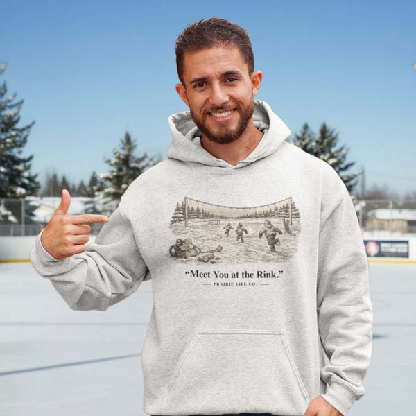 Meet You at the Rink Hoodie – cozy outdoor hockey sweatshirt inspired by backyard rink memories. Unisex fit. Multiple colors available.