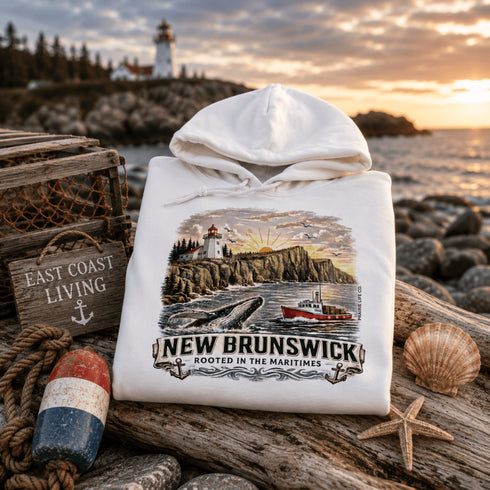 White hoodie with New Brunswick design on a coastal background with lighthouse and ocean.