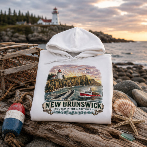 White hoodie with New Brunswick design on a rocky coastal background with lighthouse.