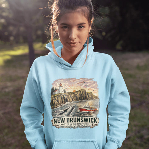 Person wearing a light blue hoodie with a New Brunswick design outdoors.