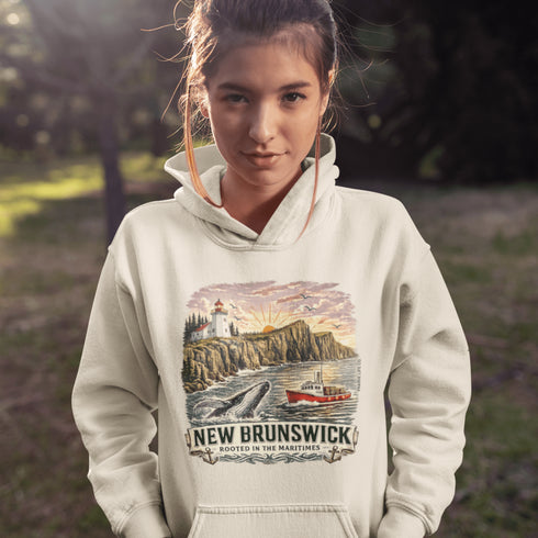 Woman wearing a hoodie with a New Brunswick design outdoors