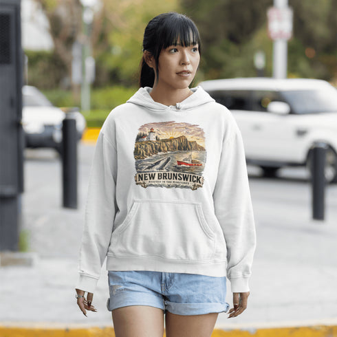 Woman wearing a hoodie with a graphic design on a street.