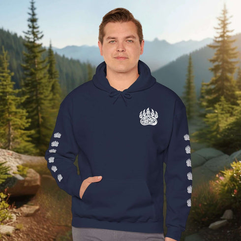 Northern Heritage Bear Hoodie featuring Indigenous-inspired bear artwork and bear paw sleeve graphics. Cozy Canada pullover sweatshirt built for warmth, heritage, and style.