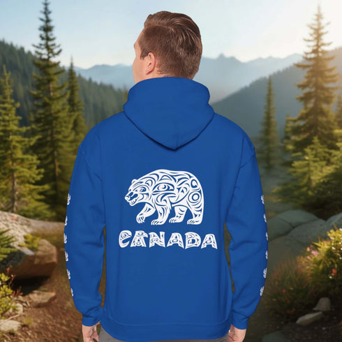 Northern Heritage Bear Hoodie featuring Indigenous-inspired bear artwork and bear paw sleeve graphics. Cozy Canada pullover sweatshirt built for warmth, heritage, and style.