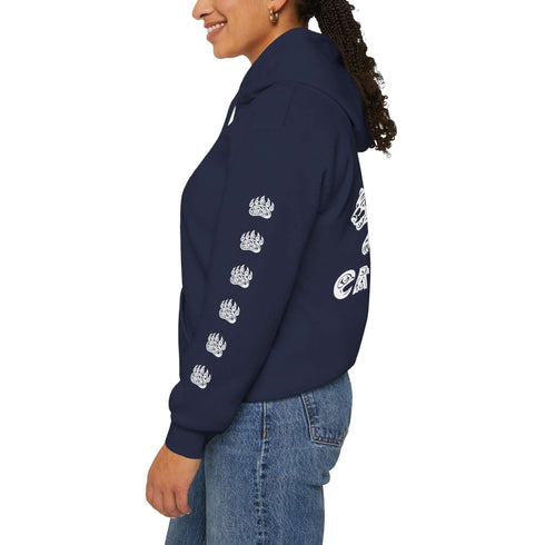 Northern Heritage Bear Hoodie featuring Indigenous-inspired bear artwork and bear paw sleeve graphics. Cozy Canada pullover sweatshirt built for warmth, heritage, and style.