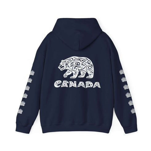 Northern Heritage Bear Hoodie featuring Indigenous-inspired bear artwork and bear paw sleeve graphics. Cozy Canada pullover sweatshirt built for warmth, heritage, and style.