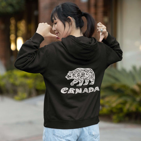 Northern Heritage Bear Hoodie featuring Indigenous-inspired bear artwork and bear paw sleeve graphics. Cozy Canada pullover sweatshirt built for warmth, heritage, and style.