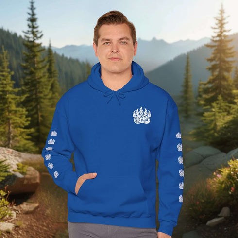 Northern Heritage Bear Hoodie featuring Indigenous-inspired bear artwork and bear paw sleeve graphics. Cozy Canada pullover sweatshirt built for warmth, heritage, and style.