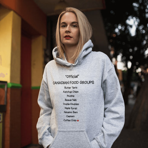 Celebrate Canada's most iconic foods with the Official Canadian Food Groups Hoodie featuring butter tarts, poutine, ketchup chips, maple syrup and more. A cozy funny Canadian hoodie perfect for proud Canadians, food lovers, and unique Canada gifts.