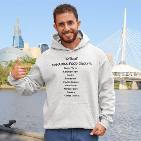 Celebrate Canada's most iconic foods with the Official Canadian Food Groups Hoodie featuring butter tarts, poutine, ketchup chips, maple syrup and more. A cozy funny Canadian hoodie perfect for proud Canadians, food lovers, and unique Canada gifts.