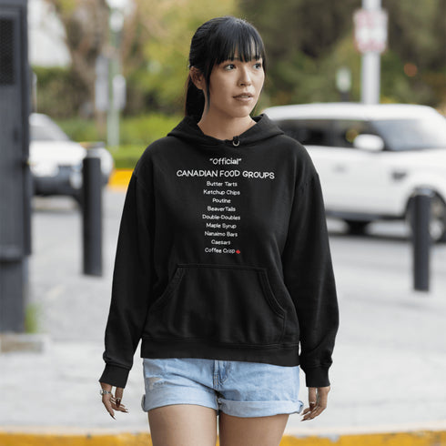 Celebrate Canada's most iconic foods with the Official Canadian Food Groups Hoodie featuring butter tarts, poutine, ketchup chips, maple syrup and more. A cozy funny Canadian hoodie perfect for proud Canadians, food lovers, and unique Canada gifts.
