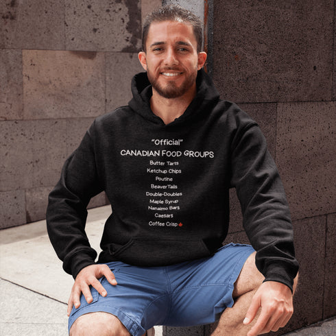 Celebrate Canada's most iconic foods with the Official Canadian Food Groups Hoodie featuring butter tarts, poutine, ketchup chips, maple syrup and more. A cozy funny Canadian hoodie perfect for proud Canadians, food lovers, and unique Canada gifts.