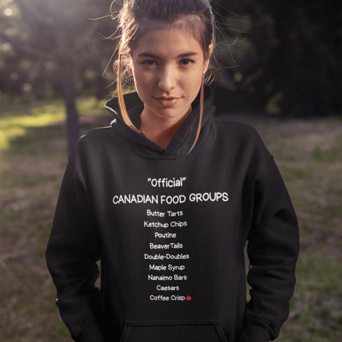 Celebrate Canada's most iconic foods with the Official Canadian Food Groups Hoodie featuring butter tarts, poutine, ketchup chips, maple syrup and more. A cozy funny Canadian hoodie perfect for proud Canadians, food lovers, and unique Canada gifts.