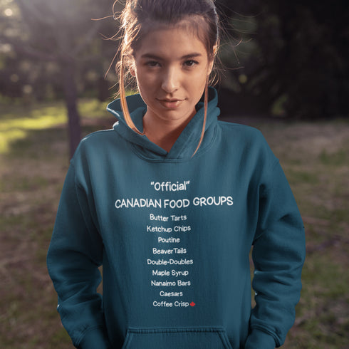 Celebrate Canada's most iconic foods with the Official Canadian Food Groups Hoodie featuring butter tarts, poutine, ketchup chips, maple syrup and more. A cozy funny Canadian hoodie perfect for proud Canadians, food lovers, and unique Canada gifts.