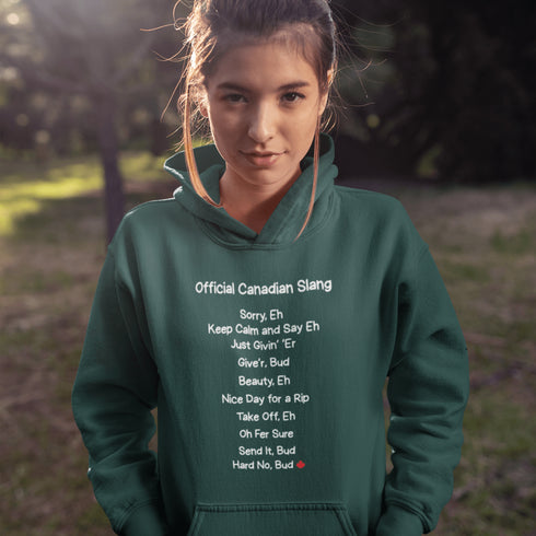 Celebrate Canadian humor with the Official Canadian Slang Hoodie featuring iconic sayings like “Sorry Eh”, “Give’r Bud”, and “Take Off, Eh”. A cozy funny Canadian hoodie perfect for proud Canadians, hockey lovers, and Canada gifts.