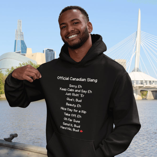 Celebrate Canadian humor with the Official Canadian Slang Hoodie featuring iconic sayings like “Sorry Eh”, “Give’r Bud”, and “Take Off, Eh”. A cozy funny Canadian hoodie perfect for proud Canadians, hockey lovers, and Canada gifts.