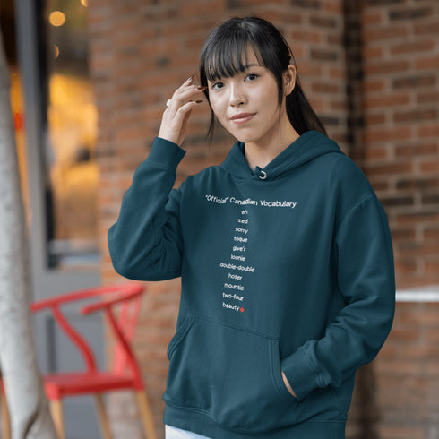 Show off your Canadian pride with the Official Canadian Vocabulary Hoodie featuring classic Canadian words like eh, zed, toque, loonie, double-double and more. A cozy funny Canadian hoodie perfect for Canada Day, hockey fans and proud Canadians.