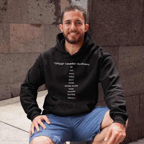 Show off your Canadian pride with the Official Canadian Vocabulary Hoodie featuring classic Canadian words like eh, zed, toque, loonie, double-double and more. A cozy funny Canadian hoodie perfect for Canada Day, hockey fans and proud Canadians.