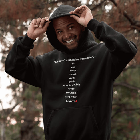 Show off your Canadian pride with the Official Canadian Vocabulary Hoodie featuring classic Canadian words like eh, zed, toque, loonie, double-double and more. A cozy funny Canadian hoodie perfect for Canada Day, hockey fans and proud Canadians.
