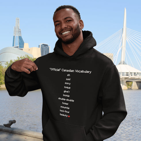Show off your Canadian pride with the Official Canadian Vocabulary Hoodie featuring classic Canadian words like eh, zed, toque, loonie, double-double and more. A cozy funny Canadian hoodie perfect for Canada Day, hockey fans and proud Canadians.