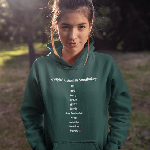 Show off your Canadian pride with the Official Canadian Vocabulary Hoodie featuring classic Canadian words like eh, zed, toque, loonie, double-double and more. A cozy funny Canadian hoodie perfect for Canada Day, hockey fans and proud Canadians.