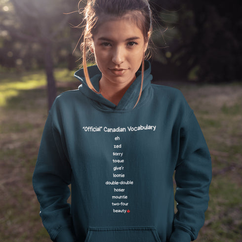Show off your Canadian pride with the Official Canadian Vocabulary Hoodie featuring classic Canadian words like eh, zed, toque, loonie, double-double and more. A cozy funny Canadian hoodie perfect for Canada Day, hockey fans and proud Canadians.