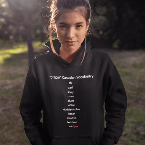 Show off your Canadian pride with the Official Canadian Vocabulary Hoodie featuring classic Canadian words like eh, zed, toque, loonie, double-double and more. A cozy funny Canadian hoodie perfect for Canada Day, hockey fans and proud Canadians.
