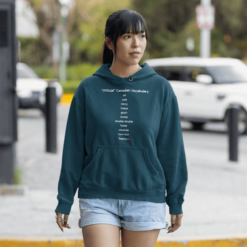 Show off your Canadian pride with the Official Canadian Vocabulary Hoodie featuring classic Canadian words like eh, zed, toque, loonie, double-double and more. A cozy funny Canadian hoodie perfect for Canada Day, hockey fans and proud Canadians.