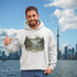Man wearing a hoodie with Ontario graphic in front of a city skyline