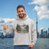 Man wearing a hoodie with Ontario design in front of a city skyline