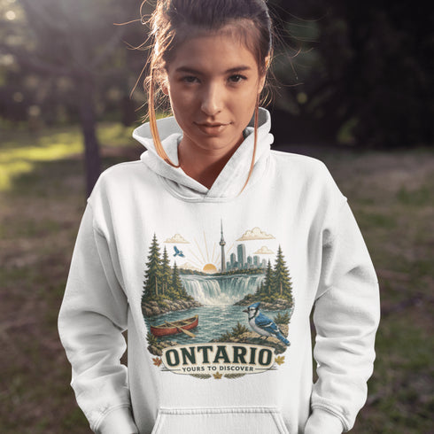 Person wearing a white hoodie with a scenic design of Ontario