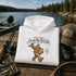 Unisex Gildan 18500 hoodie featuring a vintage-style Bigfoot fishing graphic with the phrase "Out Here Living My Best Life," available in multiple colors.