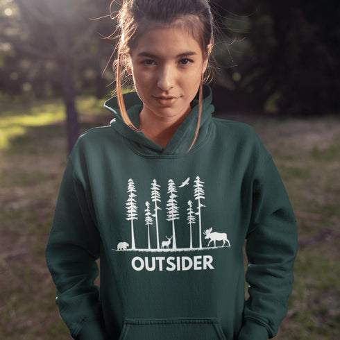 The Forest Friends Hoodie features a woodland scene starring the ultimate wilderness squad: a moose, bear, and a deer.