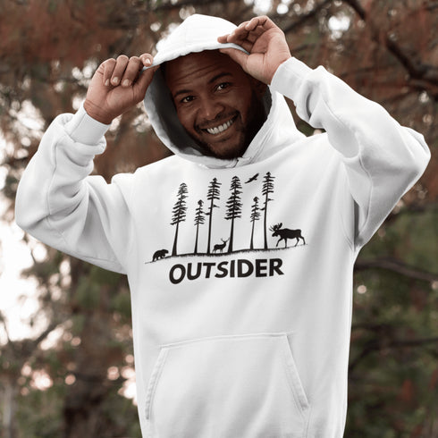 The Outsider Hoodie features a charming forest scene with a moose, a bear, and a deer—aka the unspoken rulers of the woods.