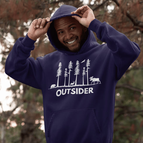 The Forest Friends Hoodie features a woodland scene starring the ultimate wilderness squad: a moose, bear, and a deer.