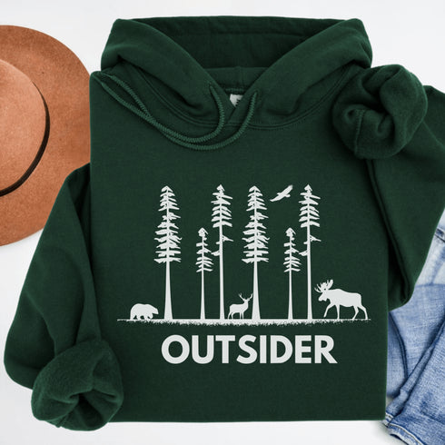 The Forest Friends Hoodie features a woodland scene starring the ultimate wilderness squad: a moose, bear, and a deer.