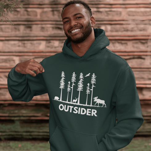 The Forest Friends Hoodie features a woodland scene starring the ultimate wilderness squad: a moose, bear, and a deer.