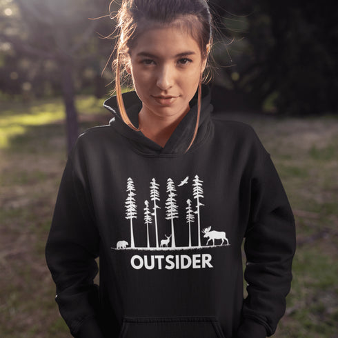The Forest Friends Hoodie features a woodland scene starring the ultimate wilderness squad: a moose, bear, and a deer.