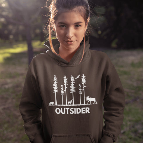 The Forest Friends Hoodie features a woodland scene starring the ultimate wilderness squad: a moose, bear, and a deer.