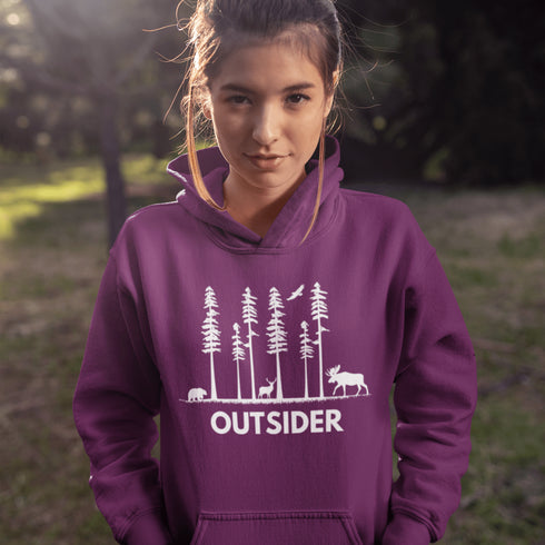 The Forest Friends Hoodie features a woodland scene starring the ultimate wilderness squad: a moose, bear, and a deer.