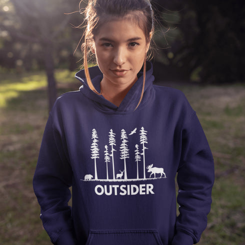 The Forest Friends Hoodie features a woodland scene starring the ultimate wilderness squad: a moose, bear, and a deer.