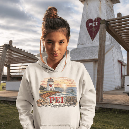 Person wearing a hoodie with PEI design in front of a lighthouse.