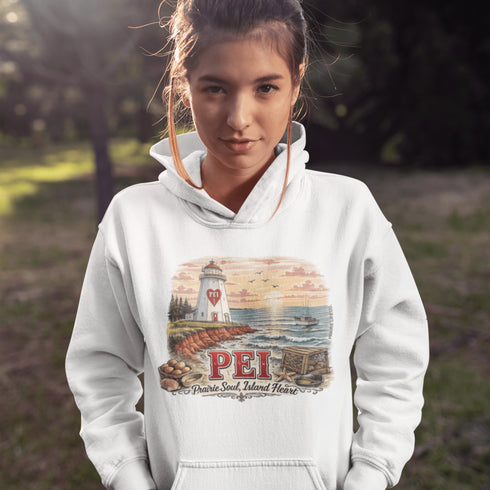 Person wearing a white hoodie with a lighthouse design and 'PEI' text outdoors.