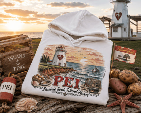 White hoodie with a lighthouse design and 'PEI' text, placed outdoors with a lighthouse and sunset in the background.