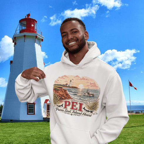 Man wearing a hoodie with PEI design in front of a lighthouse