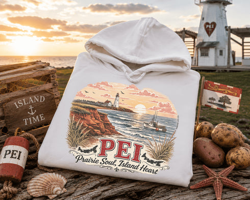 White hoodie with PEI design on a wooden surface with a lighthouse and sunset in the background