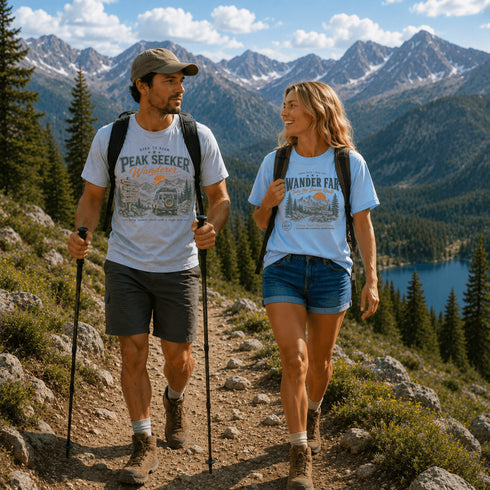 Two hikers on a mountain trail with scenic mountains and lake in the background
