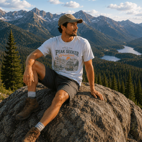 Man wearing Peak Seeker Wanderer mountain adventure graphic t-shirt featuring vintage mountain landscape, forest scenery, overland vehicle artwork, and retro outdoor design.